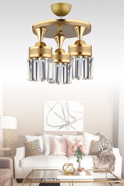 SONSUZ AYDINLATMA&AVİZE Tokyo 3-Piece Antique Plafonier Crystal Stone Yellow Strip Cylinder Downward Facing Luxury Chandelier