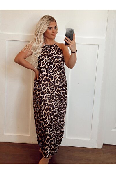 Anne Kız Tasarım Düz Kesim Leopar Elbise