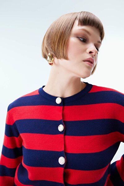 DeFacto Crew Neck Striped Pique Cardigan - Regular Fit A4881ax23wn