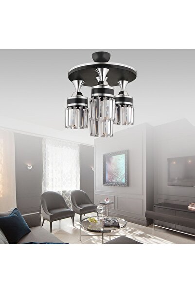 Genel Markalar Tokyo 3'lü Siyah Plafonyer Kristal Taşlı Krom Şeritli Silindir Aşağı Bakan Lüks Avize