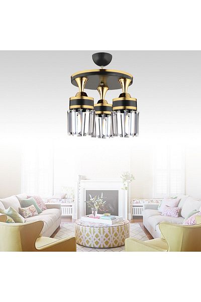 SONSUZ AYDINLATMA&AVİZE Tokyo 3-Piece Black Plafone, Crystal Stone, Yellow Stripe Cylinder Downward Facing Luxury Chandelier