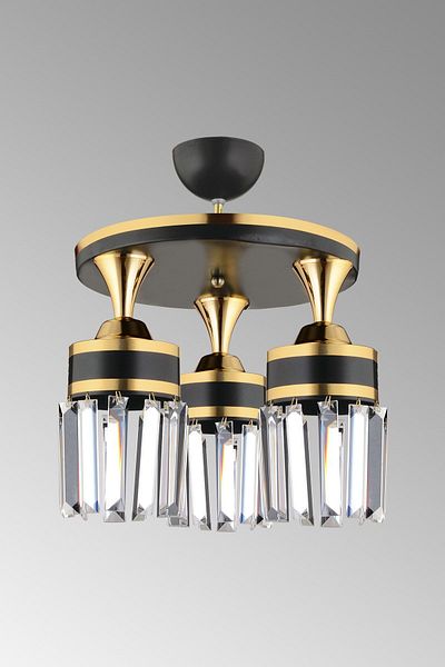 SONSUZ AYDINLATMA&AVİZE Tokyo 3-Piece Black Plafone, Crystal Stone, Yellow Stripe Cylinder Downward Facing Luxury Chandelier