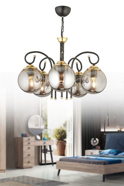 SONSUZ AYDINLATMA&AVİZE Black Azra 5-Piece Smoked Globe Glass Downward Facing Luxury Chandelier