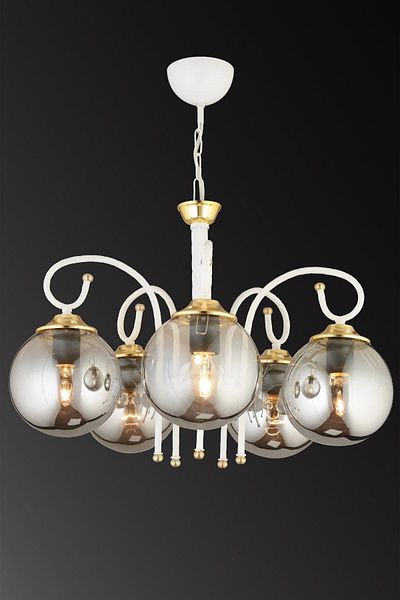 SONSUZ AYDINLATMA&AVİZE White Azra 5-Piece Smoked Globe Glass Downward Facing Luxury Chandelier