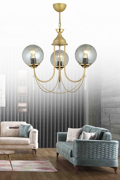SONSUZ AYDINLATMA&AVİZE Antique Poppy 3-Piece Smoked Globe Glass Luxury Up-Facing Crystal Stone Chandelier