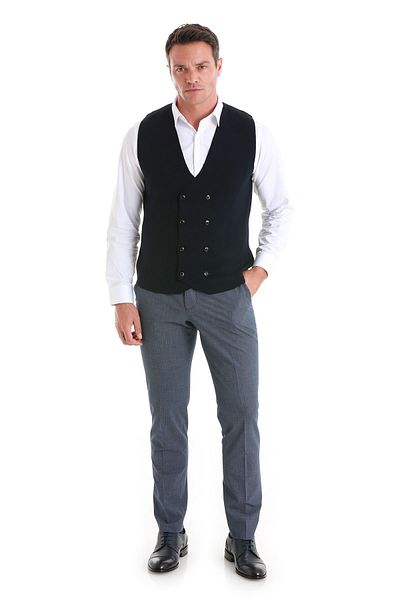 Hatemoğlu Navy Blue Regular Fit Plain Double Breasted Knitwear Vest