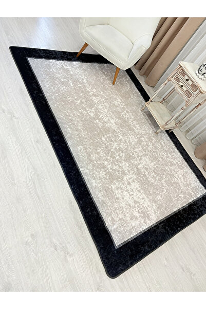Brillant Bej  - Siyah Hasır Jüt Görünümlü Lateks Taban Halı