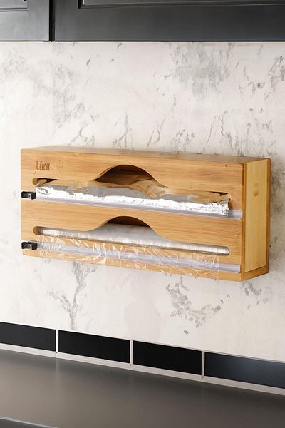 ANJEAHOME Кутия от бамбуково стреч фолио Florence, 2 броя, 34x14x7 см (за стенен монтаж, с чекмедже вътре, за плот)