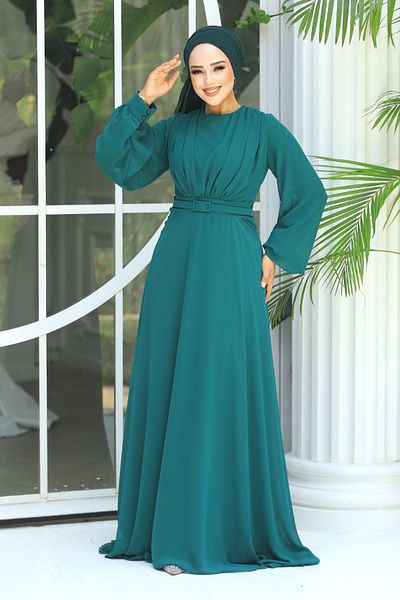 Neva Style Green Belted Hijab Evening Dress - 5422y