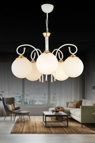 SONSUZ AYDINLATMA&AVİZE White Azra 5-Piece White Globe Glass Downward Facing Luxury Chandelier