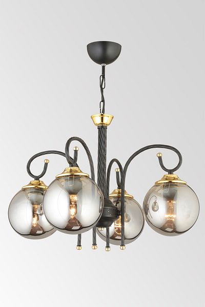 SONSUZ AYDINLATMA&AVİZE Black Azra 4-Piece Smoked Globe Glass Downward Facing Luxury Chandelier