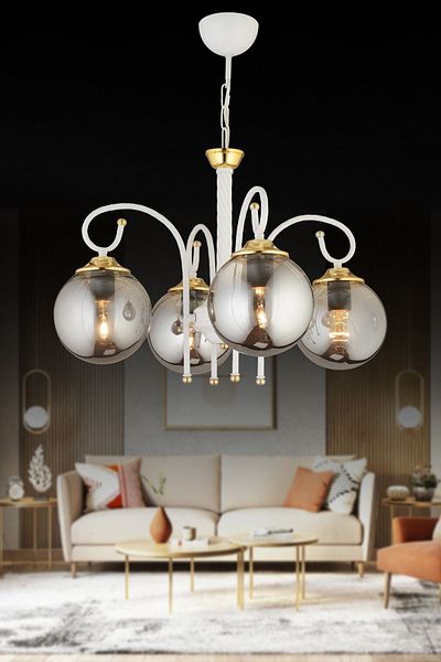 SONSUZ AYDINLATMA&AVİZE White Azra 4-Piece Smoked Globe Glass Downward Facing Luxury Chandelier