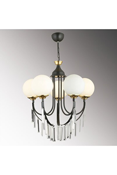 Genel Markalar Siyah Şelale 5'li Beyaz Top Camlı Lüks Yukarı Bakan Kristal Taşlı Avize