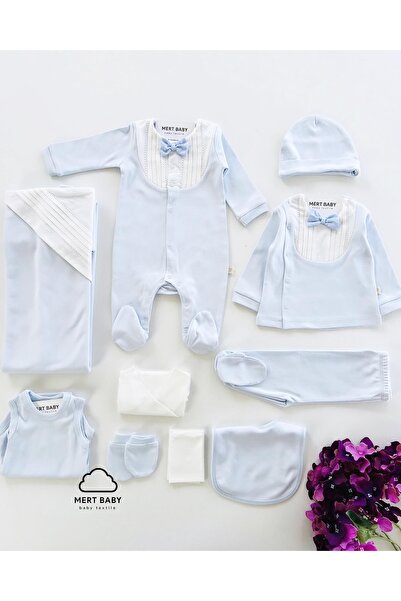 Mert Baby Enzo 10'lu Organik Hastane Çıkış Seti Bebe Mavisi Papyonlu Nervül %...