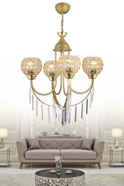 SONSUZ AYDINLATMA&AVİZE Antique Waterfall 4-Piece Optigon Head Luxury Up-Facing Crystal Stone Chandelier