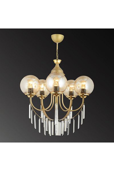SONSUZ AYDINLATMA&AVİZE Antique Waterfall 5-Piece Honey Ball Glass Luxury Upward Facing Crystal Stone Chandelier