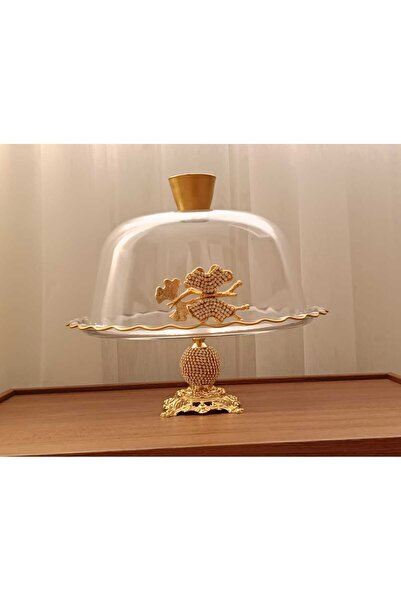 Elta Collection كعكة بغطاء زجاجي بأرجل معدنية ذهبية - حامل كعكة زجاجي