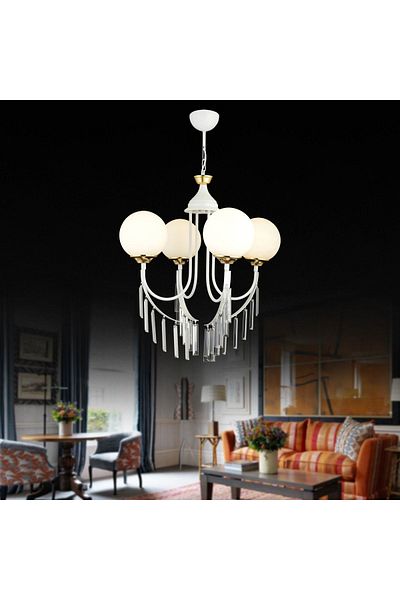 SONSUZ AYDINLATMA&AVİZE White Waterfall 4-Piece White Ball Glass Luxury Up-Facing Crystal Stone Chandelier