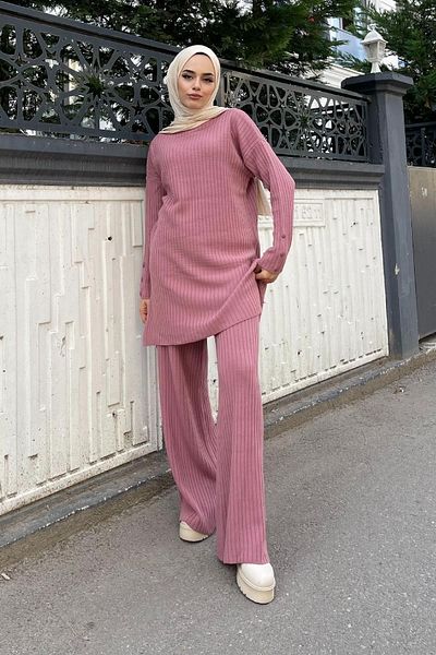 EkoGiyim Hijab Ribbed Long Sleeve Bottom-Top Double Suit Blouse Trousers