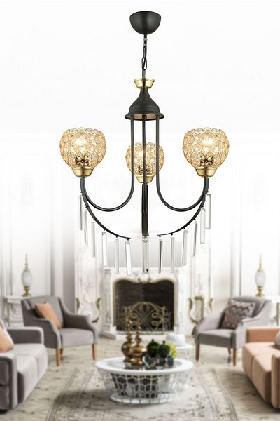 SONSUZ AYDINLATMA&AVİZE Black Waterfall 3-Piece Optigon Head Luxury Up-Facing Crystal Stone Chandelier