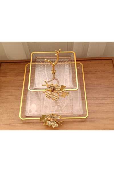 Elta Collection 2 Katlı Döküm Aksesuarlı Yaldız Detaylı Kare Servis Tabağı Sunumluk Kurabiyelik