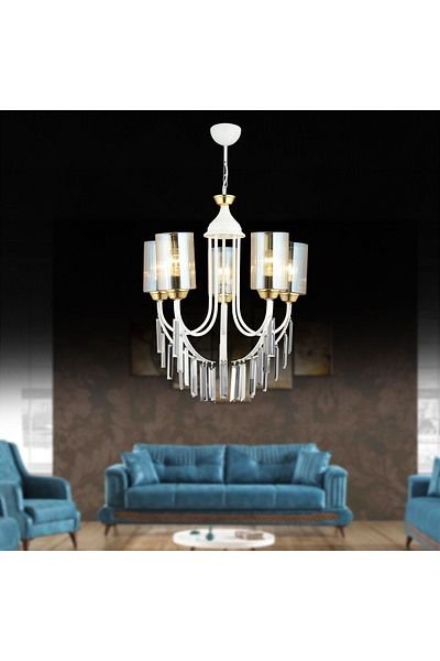 SONSUZ AYDINLATMA&AVİZE White Waterfall 5-Plus Pipe Glass Luxury Upward Facing Crystal Stone Chandelier