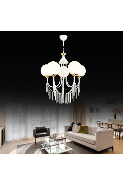 SONSUZ AYDINLATMA&AVİZE White Waterfall 5-Piece White Ball Glass Luxury Upward-Facing Crystal Stone Chandelier