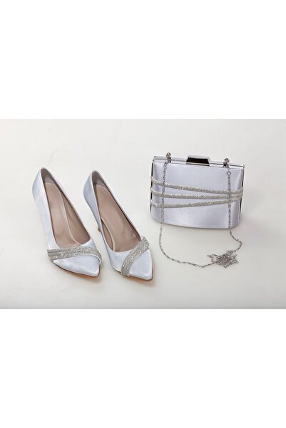 Modavien Satin Evening Dress Women's Bag - Silver Stone Detailed