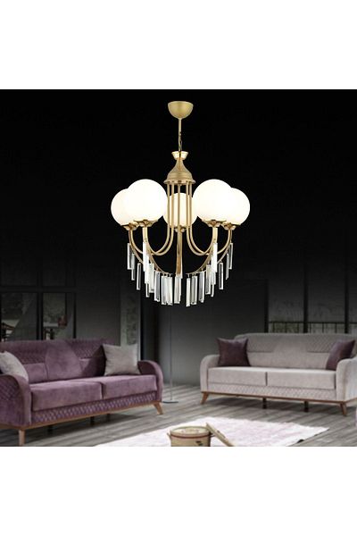 SONSUZ AYDINLATMA&AVİZE Antique Waterfall 5-Piece White Ball Glass Luxury Up-Facing Crystal Stone Chandelier