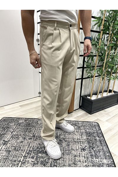 UTTBASİC Μπεζ φαρδύ υφασμάτινο παντελόνι - Pl12 Model Pleated