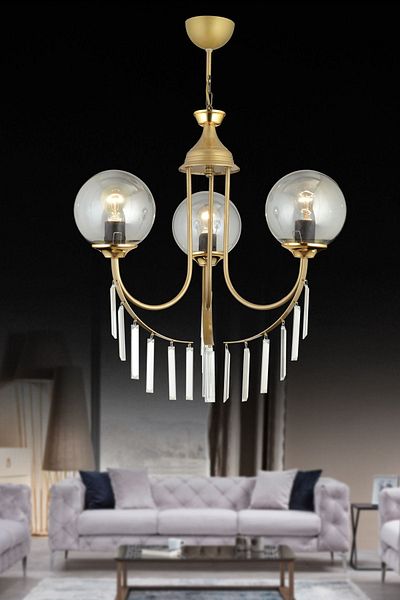 SONSUZ AYDINLATMA&AVİZE Antique Waterfall 3-Piece Smoked Ball Glass Luxury Upward Facing Crystal Stone Chandelier