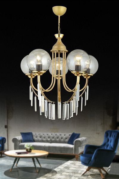 SONSUZ AYDINLATMA&AVİZE Antique Waterfall 5-Piece Smoked Ball Glass Luxury Upward Facing Crystal Stone Chandelier