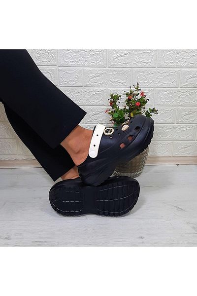 Sonimix 16001 Model Black-cream Stone Detailed Thick Soled Slippers