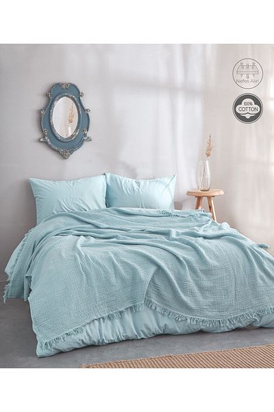 Medaillon Home Turquoise 4 Layer Muslin 100% Cotton Pique - Bedspread - TV Blanket 200x220