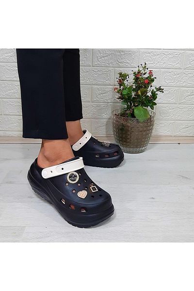 Sonimix 16001 Model Black-cream Stone Detailed Thick Soled Slippers