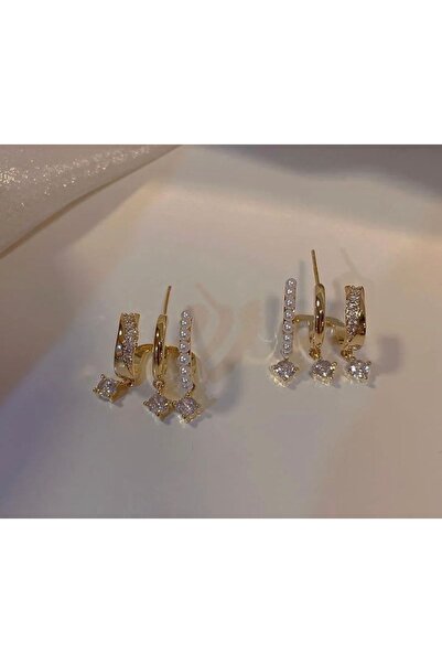 AychaAksesuar Çelik Tek Delik Çoklu Görünüm Incili Sarkıt Taşlı Altın Renk Küpe