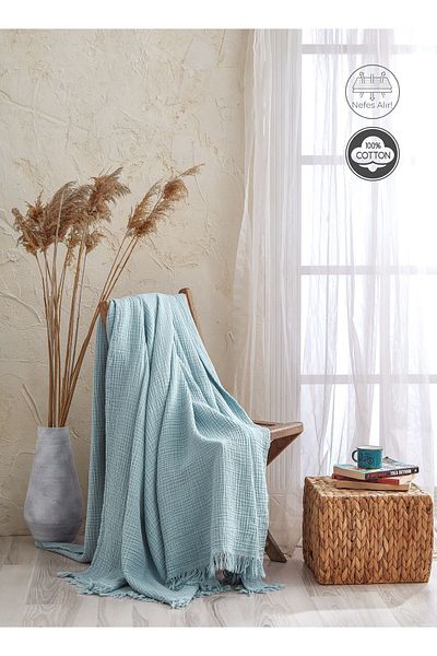 Medaillon Home Turquoise 4 Layer Muslin 100% Cotton Pique - Bedspread - TV Blanket 200x220