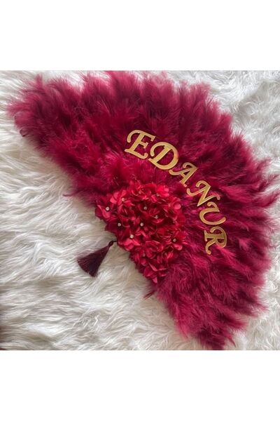 Evsay İsme Özel Büyük boy Kına Yelpazesi Tüylü Yelpaze Kına Malzemesi