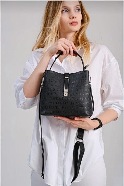 Just Polo حقيبة نسائية سوداء منقوشة - اليد والكتف NB4002