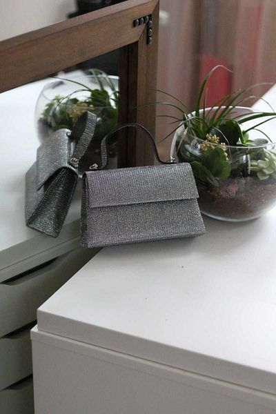 Moom Bag Geantă de umăr pentru rochie de seară cu sclipici platină pentru femei