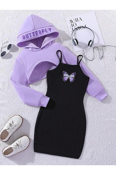 Machetta Butterfly Printed Dress and Crop Sweatshirt 2-Piece Combination for Kids