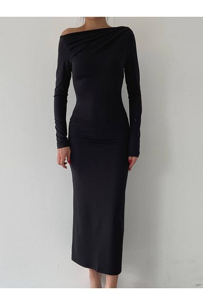 Natavan Black Half Shoulder Dress