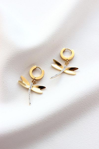 Dazzlecave Stainless 316L Steel Earrings - Zircon Stone Dragonfly - Antiallergic Non-Tarnish Earrings