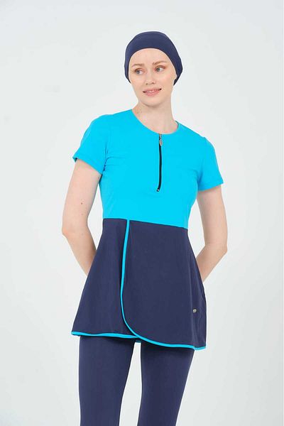 İKSUN Women's Bonnet Suit - Short Sleeve, Half Covered Hijab Swimsuit, Short Arm Swimsuit with Leggings
