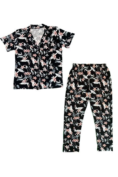 Prestij İç Giyim BlacK Floral Print Cotton Pajamas Set - Shirt Collar, Short Sleeve