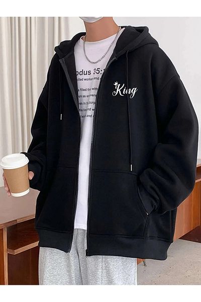 Boi Ζακέτα με κουκούλα King Text Printed Black Oversize - Ανδρική και γυναικεία, με φερμουάρ και λεπτομέρεια τσέπης