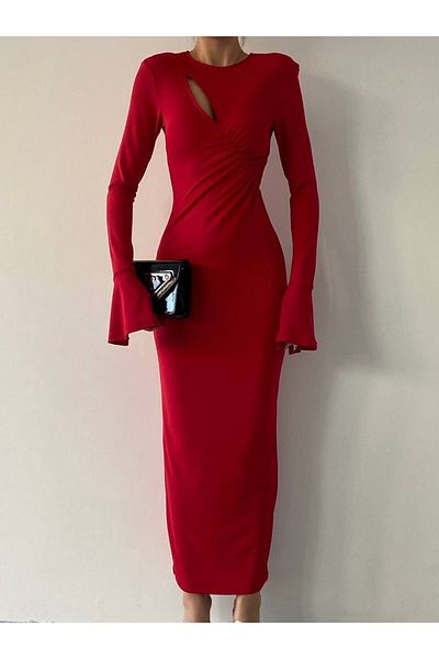Natavan Red Low-cut Detailed Dress