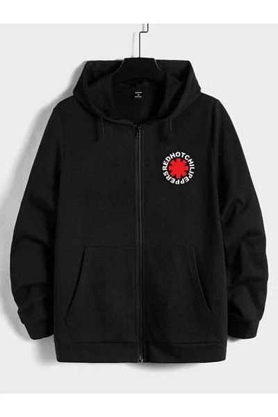 Boi Ζακέτα με φερμουάρ με στάμπα Red Hot Chill's Oversize - Ανδρική και γυναικεία, Μαύρη χειμερινή ζακέτα με κουκούλα