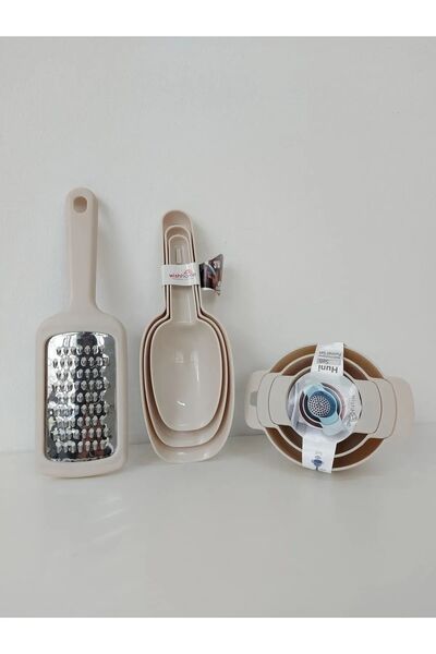 Tinsmith 3lü Bej Mutfak Seti "3lü Erzak Küreği + Hazneli Rende + 3lü Süzgeçli Huni Seti
