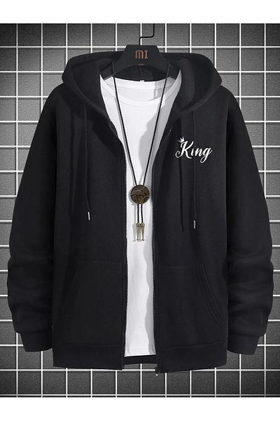 Boi Ζακέτα με κουκούλα King Text Printed Black Oversize - Ανδρική και γυναικεία, με φερμουάρ και λεπτομέρεια τσέπης